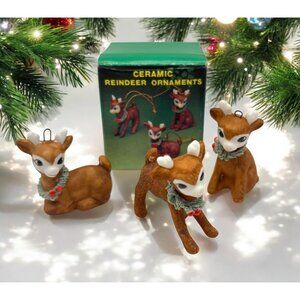 Vintage Mini Reindeer Christmas Tree Ornaments Set Of 3 Ceramic Original Box